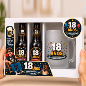 Regalo original para 18 cumpleaños presentado en un elegante estuche con dos cervezas y jarra de cristal.