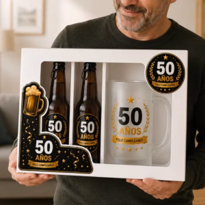 Regalo para 50 cumpleaños con estuche de cerveza, dos botellines y jarra temática