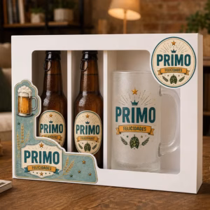 Regalo para primo con estuche de cerveza y jarra temática