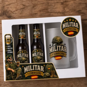 Regalo para militar con estuche de cerveza y jarra de cristal. Idea original para sorprender a un militar en una jura de bandera, ascenso o cambio de destino.