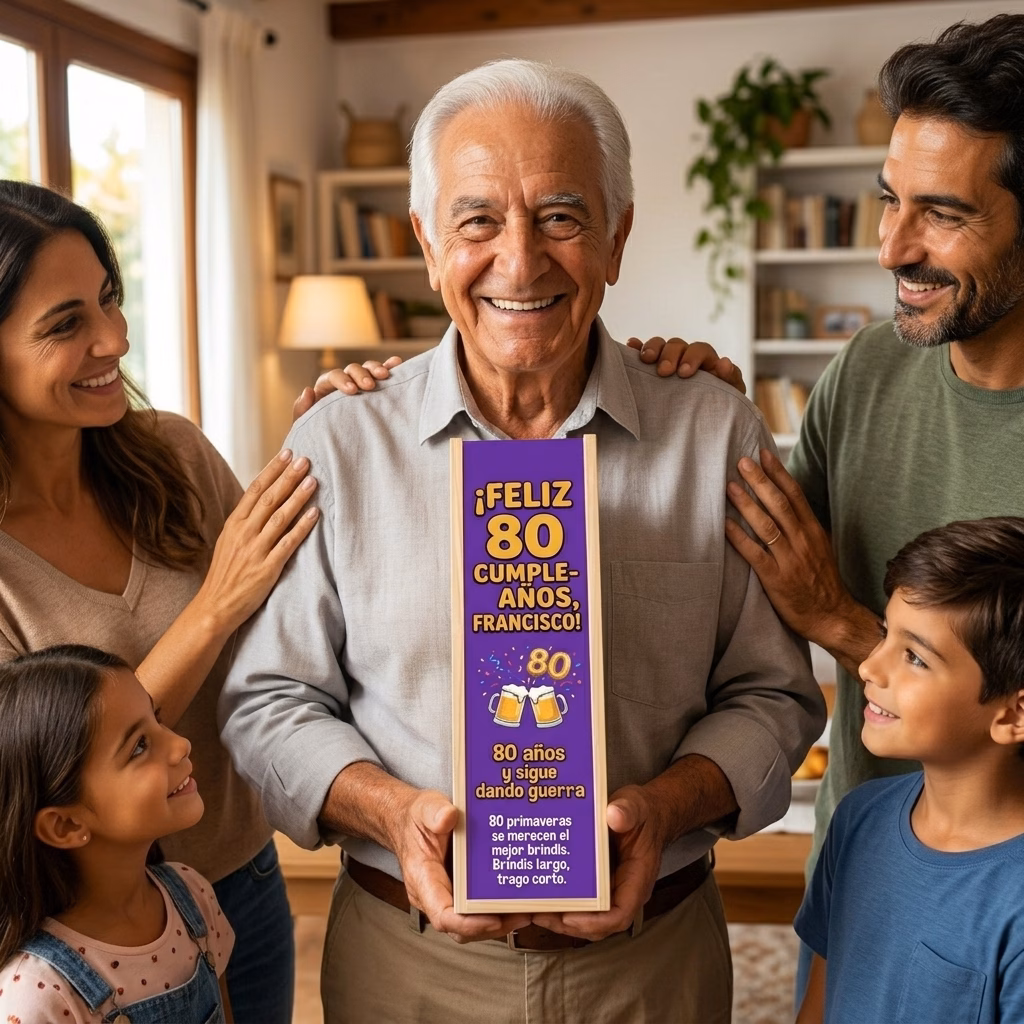 Persona recibiendo en familia su caja de cerveza XXL de regalo para 80 cumpleaños