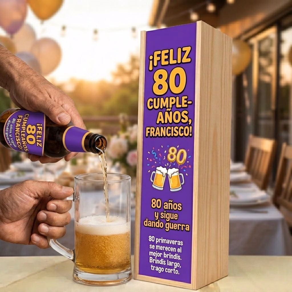 Cerveza para 80 cumpleaños XXL servida en jarra junto a su estuche de madera