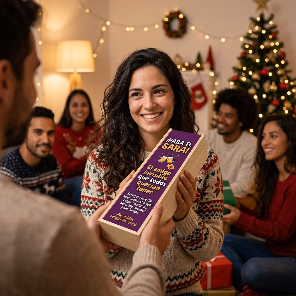 Persona recibiendo en familia su caja de cerveza XXL de regalo para amigo invisible