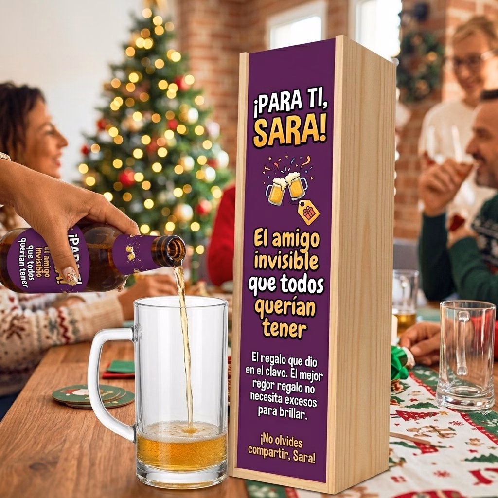 Cerveza para amigo invisible XXL servida en jarra junto a su estuche de madera
