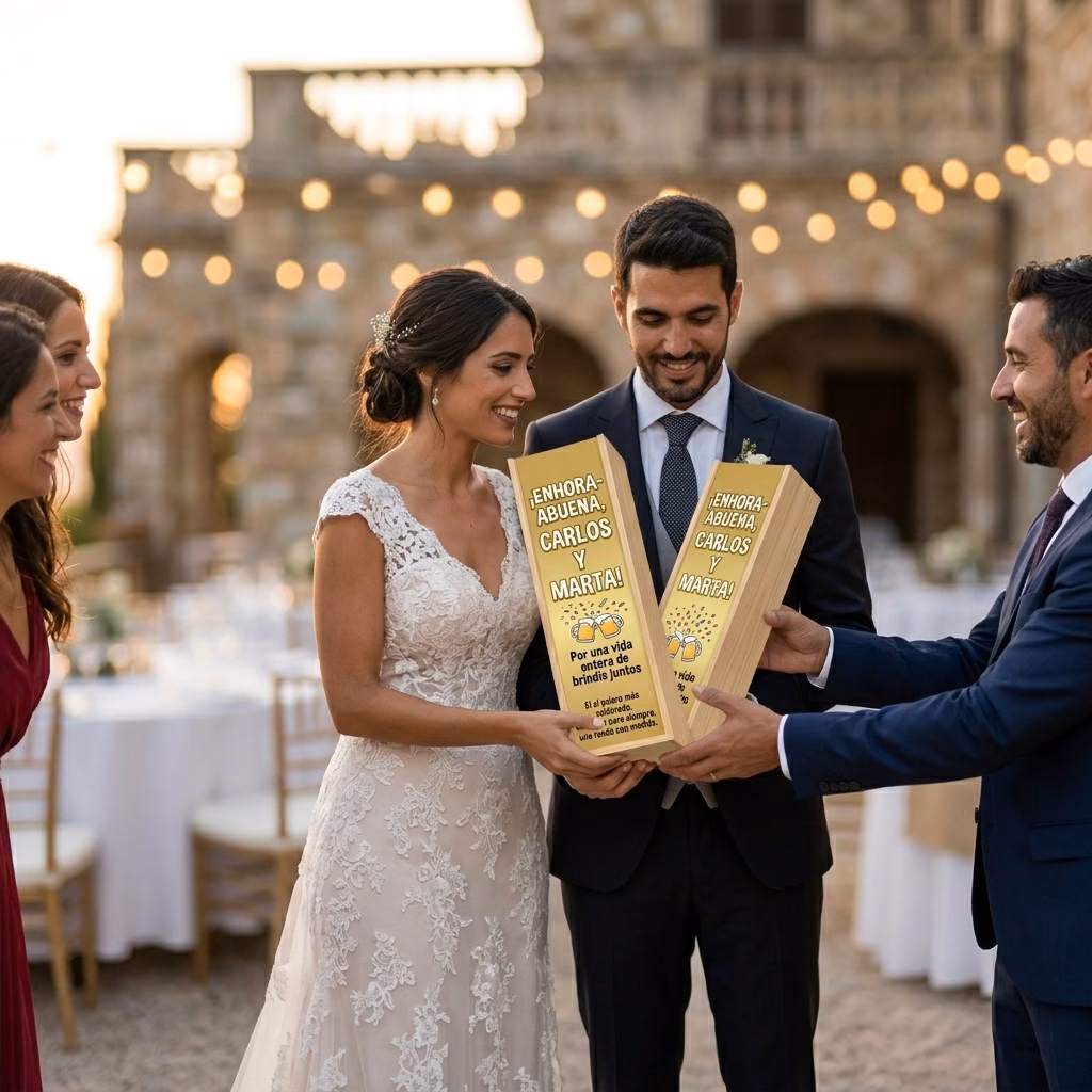 Persona recibiendo en familia su caja de cerveza XXL de regalo para bodas