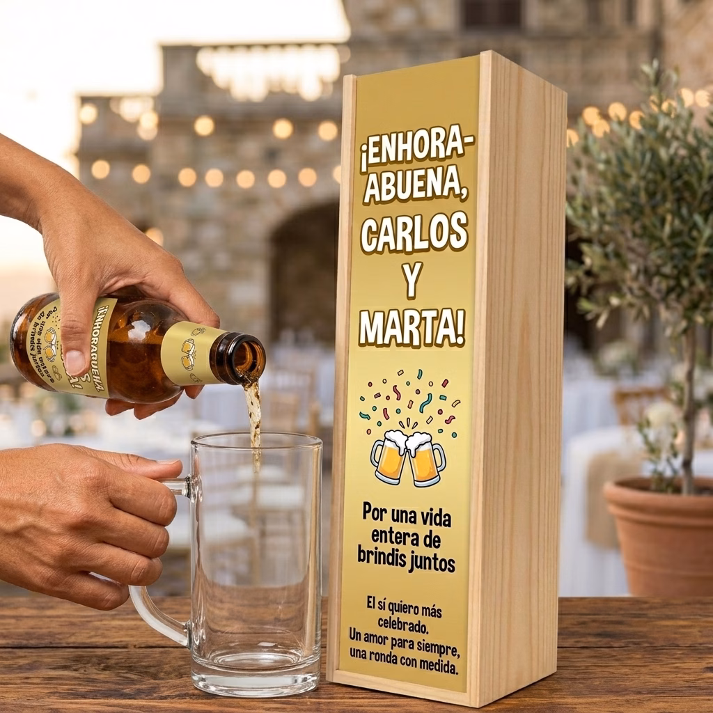 Cerveza para bodas XXL servida en jarra junto a su estuche de madera
