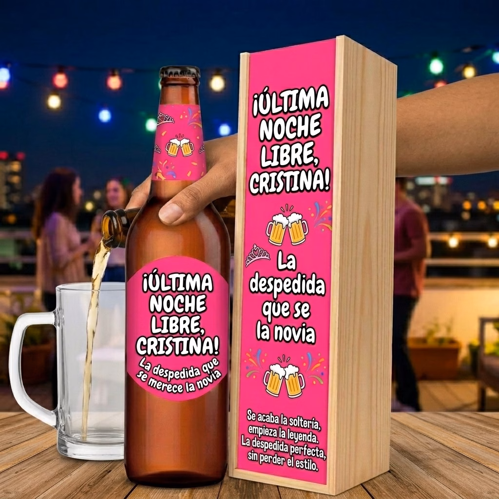 Cerveza para despedida de soltera XXL servida en jarra junto a su estuche de madera