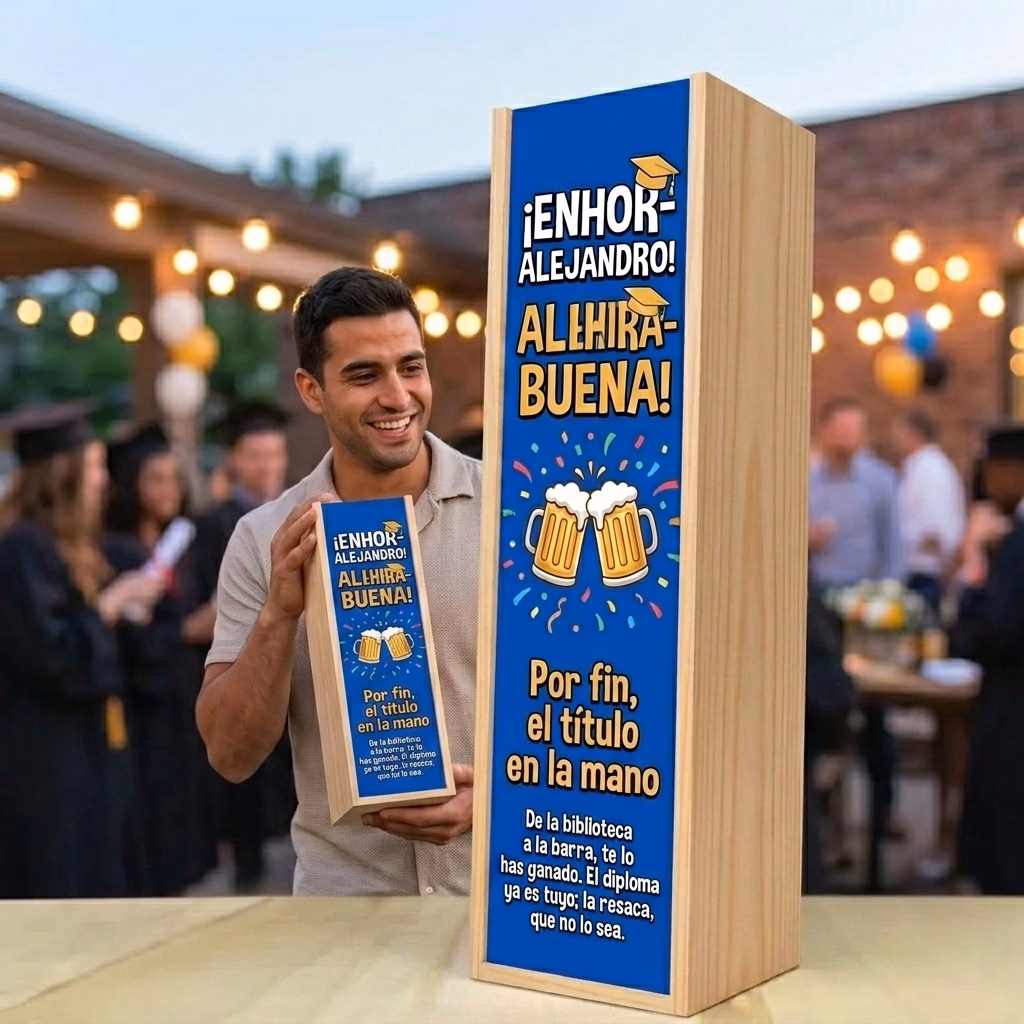 Persona recibiendo en familia su caja de cerveza XXL de regalo para fin de carrera