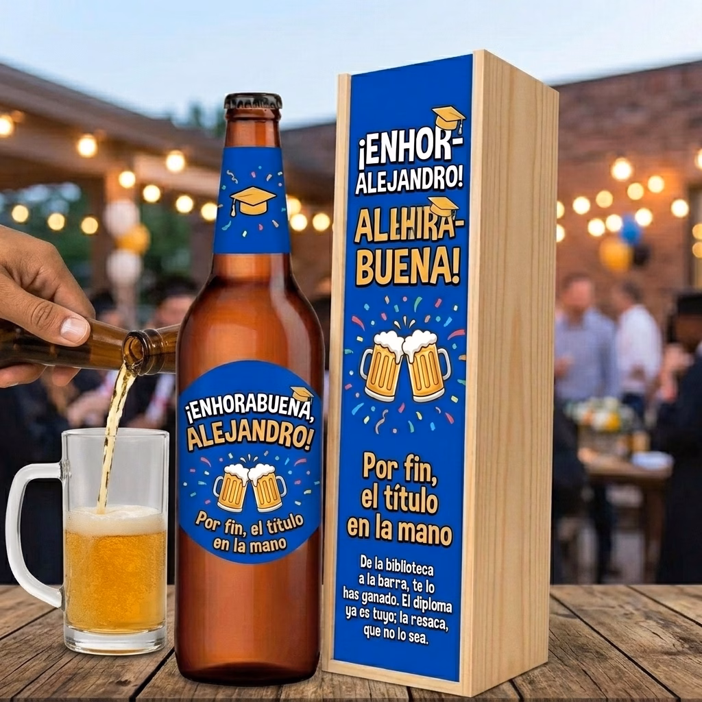 Cerveza para fin de carrera XXL servida en jarra junto a su estuche de madera