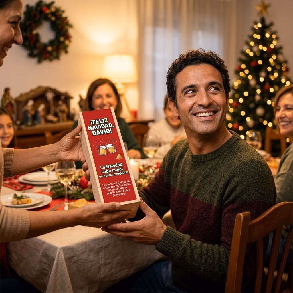 Persona recibiendo en familia su caja de cerveza XXL de regalo para navidad