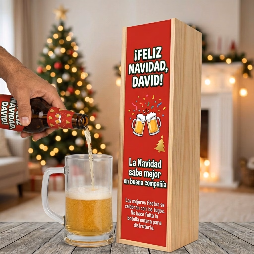 Cerveza para navidad XXL servida en jarra junto a su estuche de madera