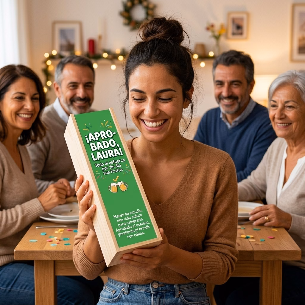 Persona recibiendo en familia su caja de cerveza XXL de regalo para oposiciones aprobadas