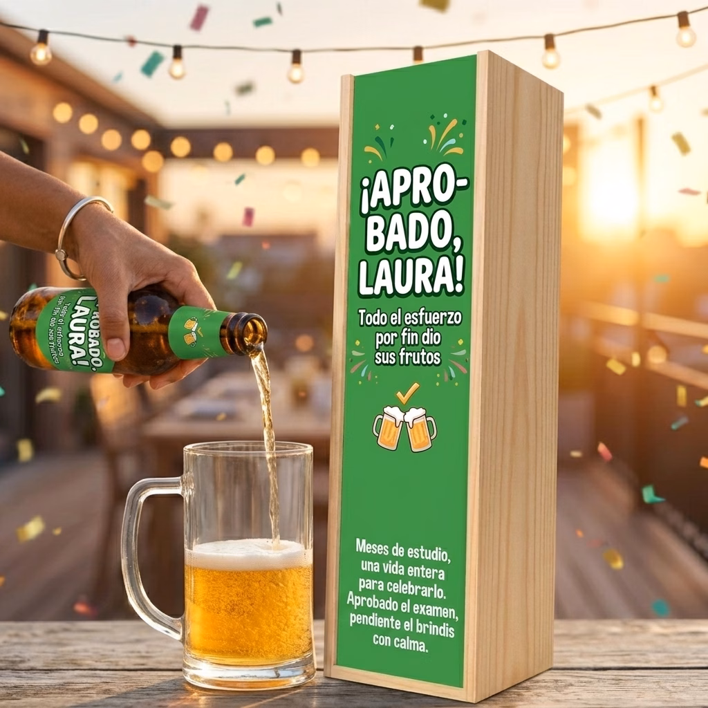 Cerveza para oposiciones aprobadas XXL servida en jarra junto a su estuche de madera