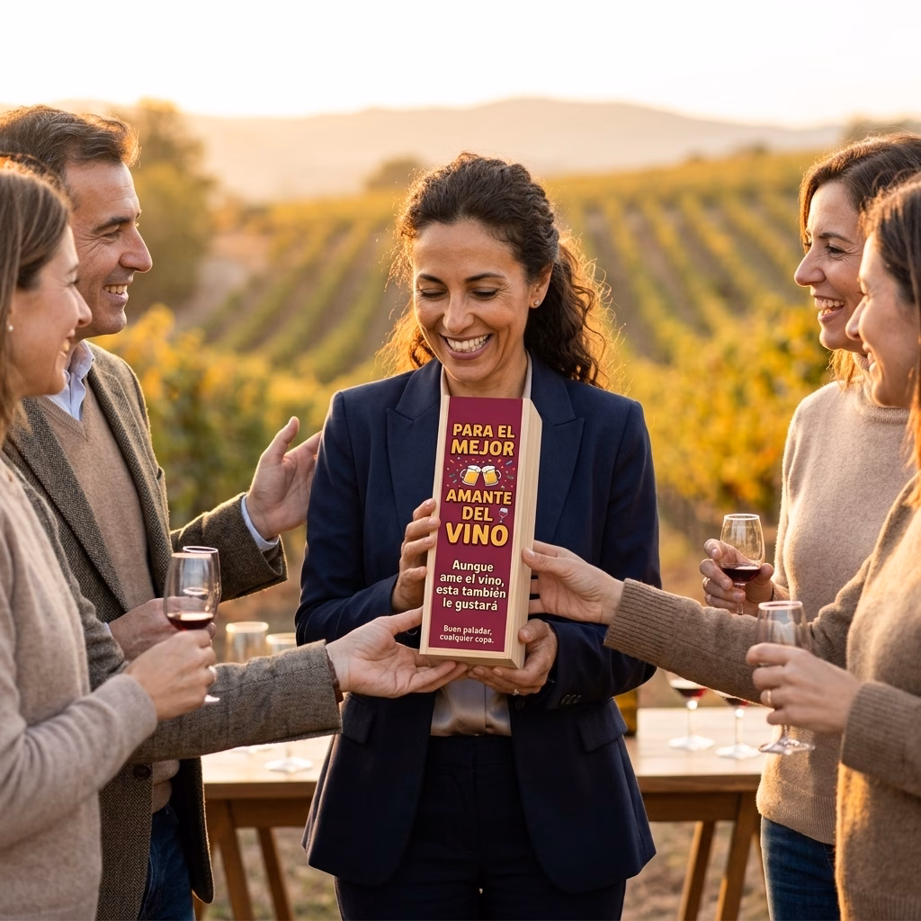 Persona recibiendo en familia su caja de cerveza XXL de regalo para amantes del vino