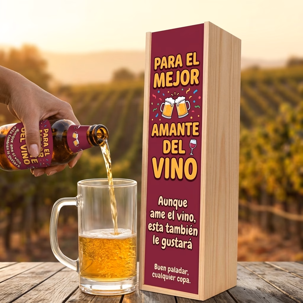 Cerveza para amantes del vino XXL servida en jarra junto a su estuche de madera