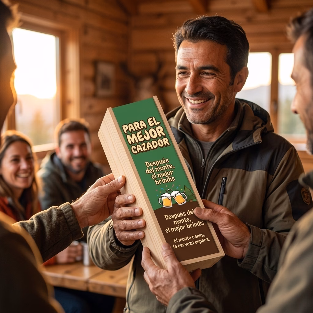 Persona recibiendo en familia su caja de cerveza XXL de regalo para cazadores