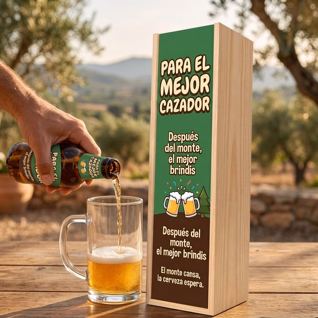 Cerveza para cazadores XXL servida en jarra junto a su estuche de madera