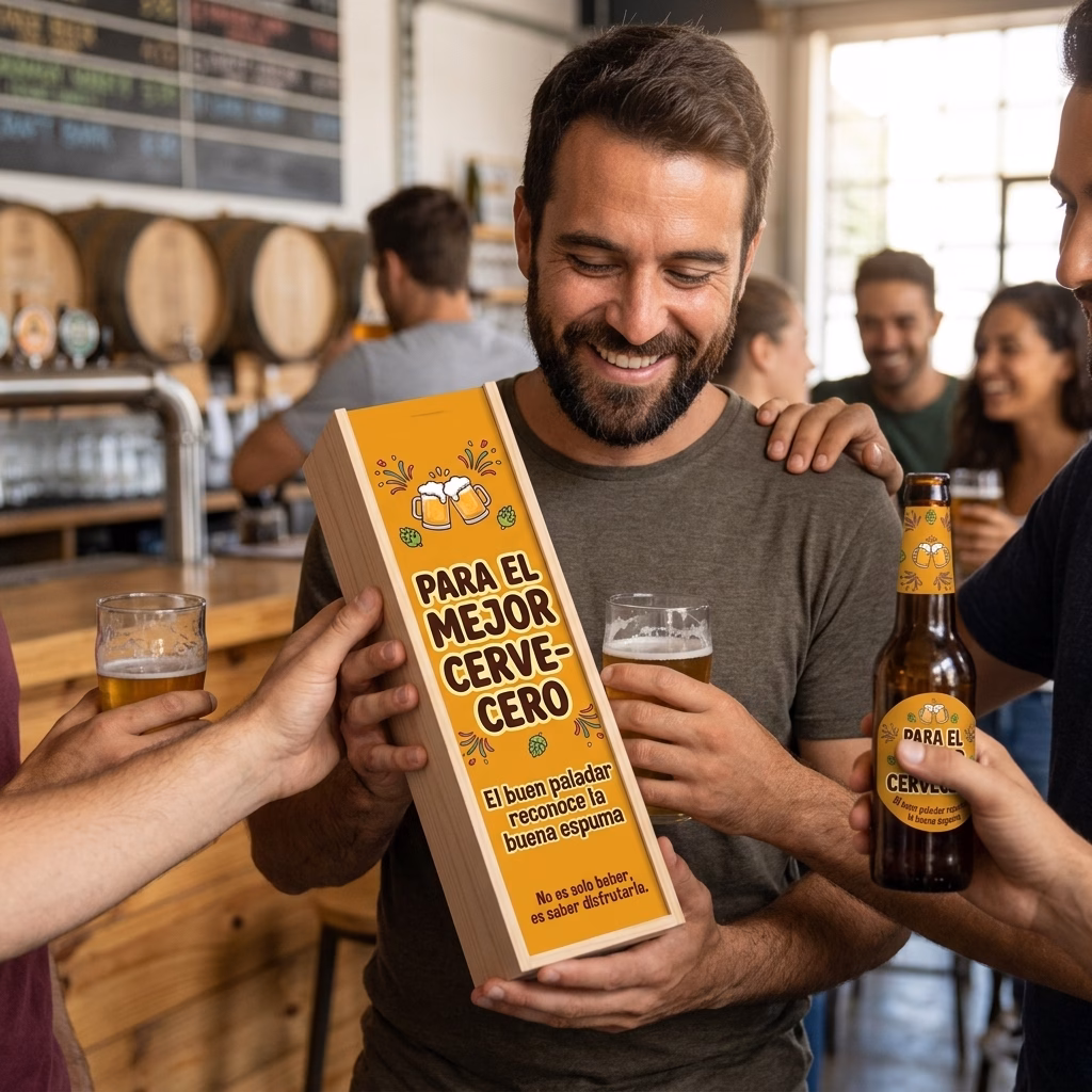 Persona recibiendo en familia su caja de cerveza XXL de regalo para cerveceros