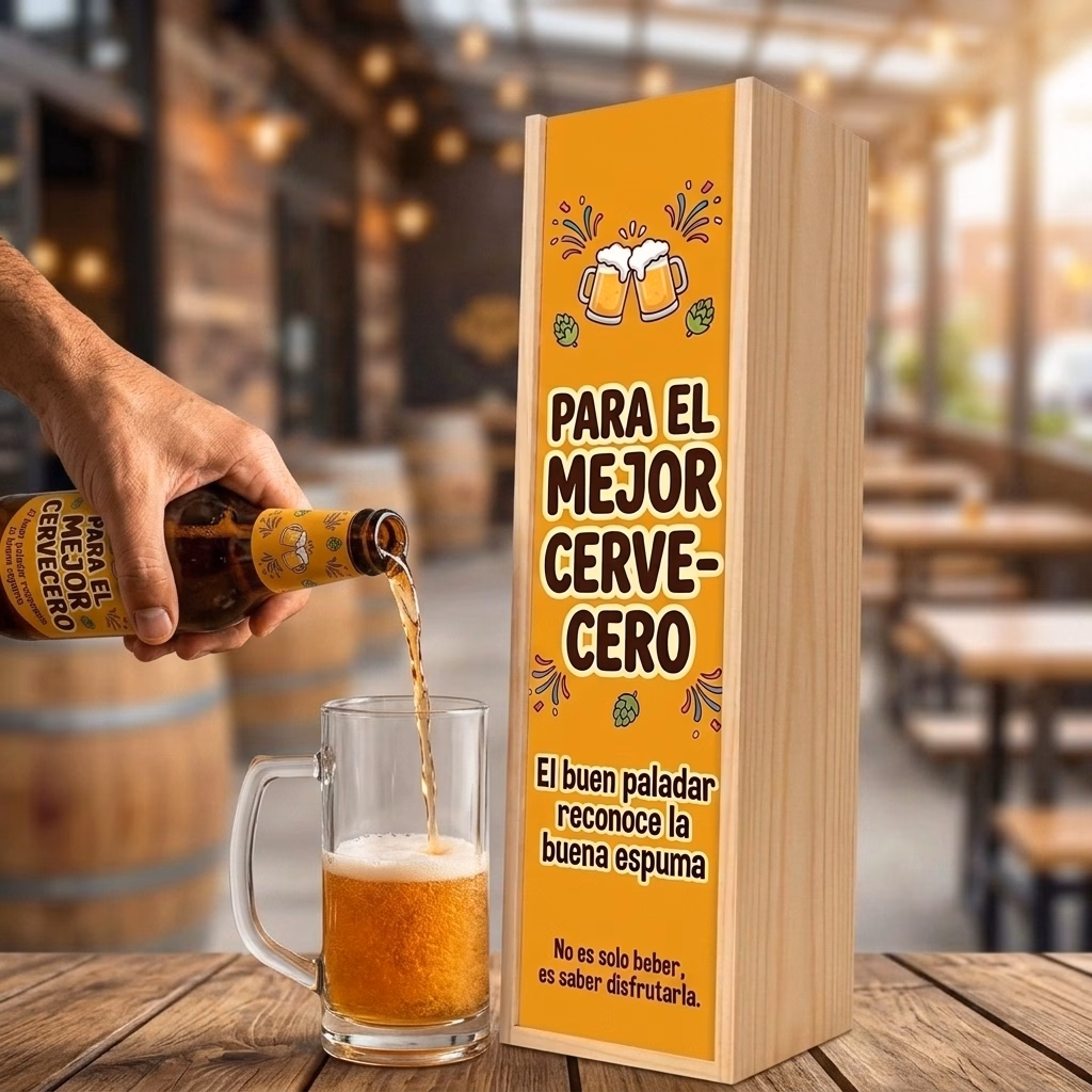 Cerveza para cerveceros XXL servida en jarra junto a su estuche de madera