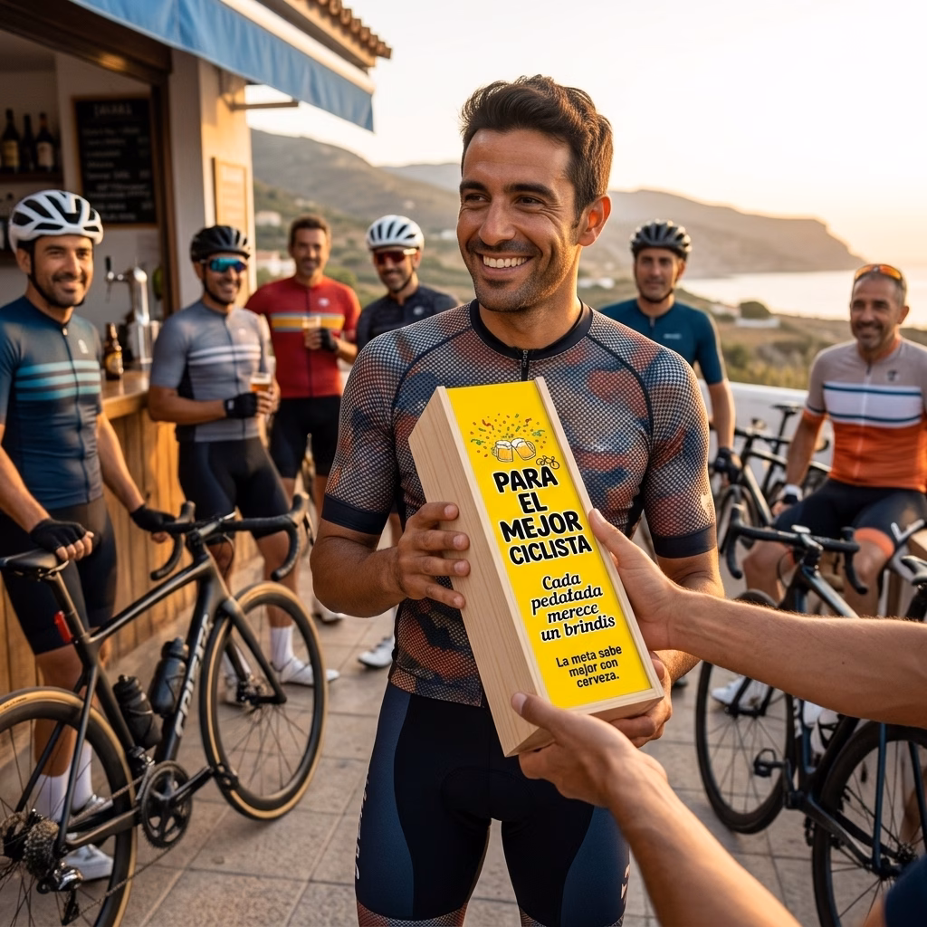 Persona recibiendo en familia su caja de cerveza XXL de regalo para ciclistas