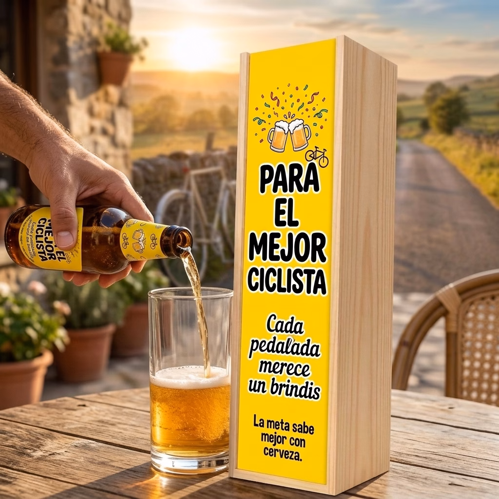 Cerveza para ciclistas XXL servida en jarra junto a su estuche de madera