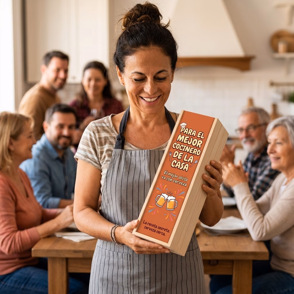 Persona recibiendo en familia su caja de cerveza XXL de regalo para cocineros aficionados