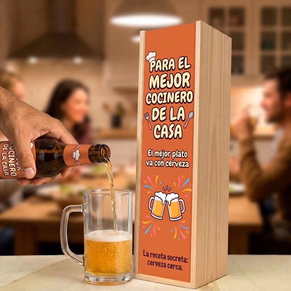 Cerveza para cocineros aficionados XXL servida en jarra junto a su estuche de madera