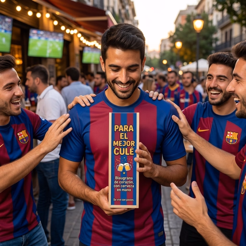 Persona recibiendo en familia su caja de cerveza XXL de regalo para culés
