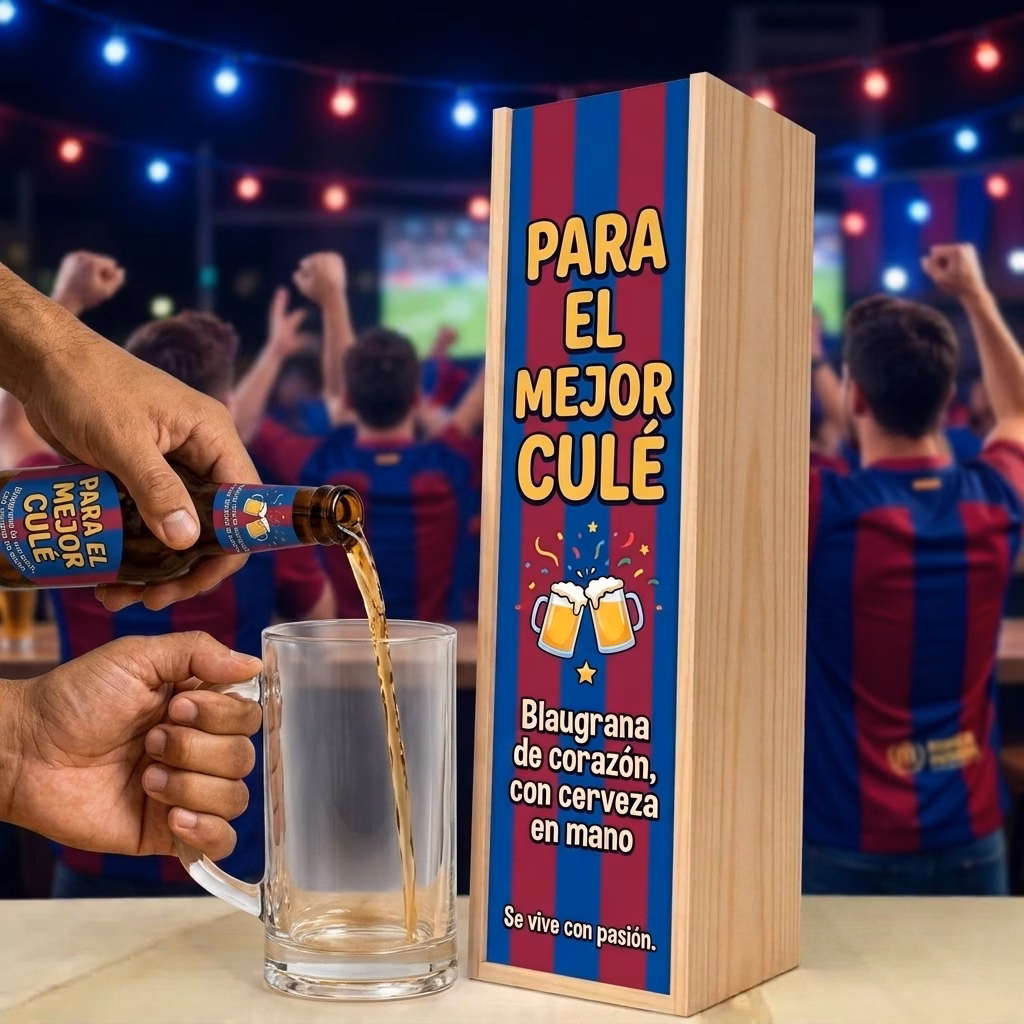 Cerveza para culés XXL servida en jarra junto a su estuche de madera