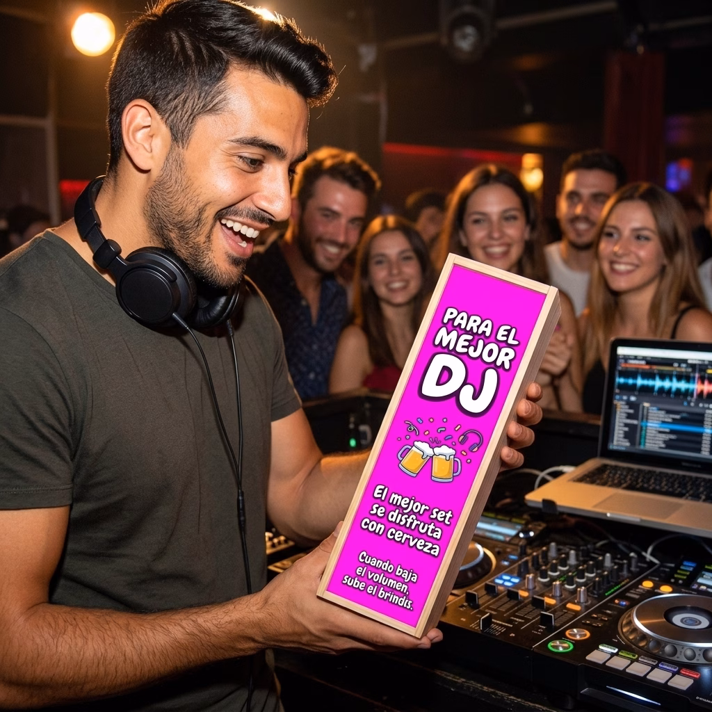 Persona recibiendo en familia su caja de cerveza XXL de regalo para djs