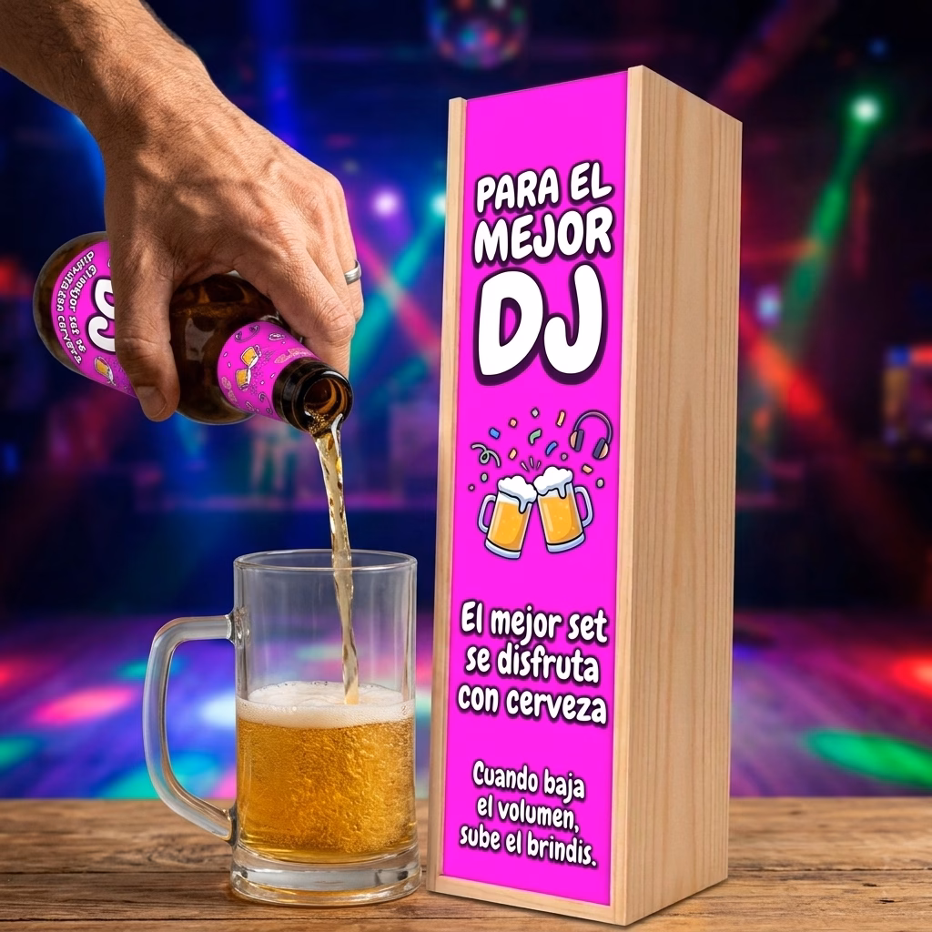 Cerveza para djs XXL servida en jarra junto a su estuche de madera