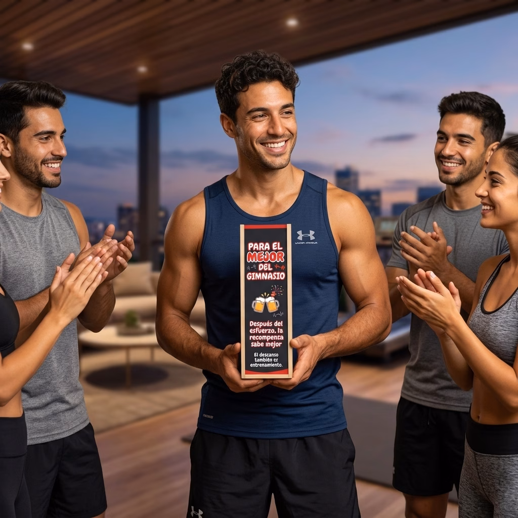 Persona recibiendo en familia su caja de cerveza XXL de regalo para gimnasio