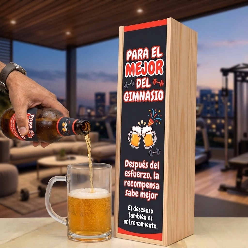 Cerveza para gimnasio XXL servida en jarra junto a su estuche de madera