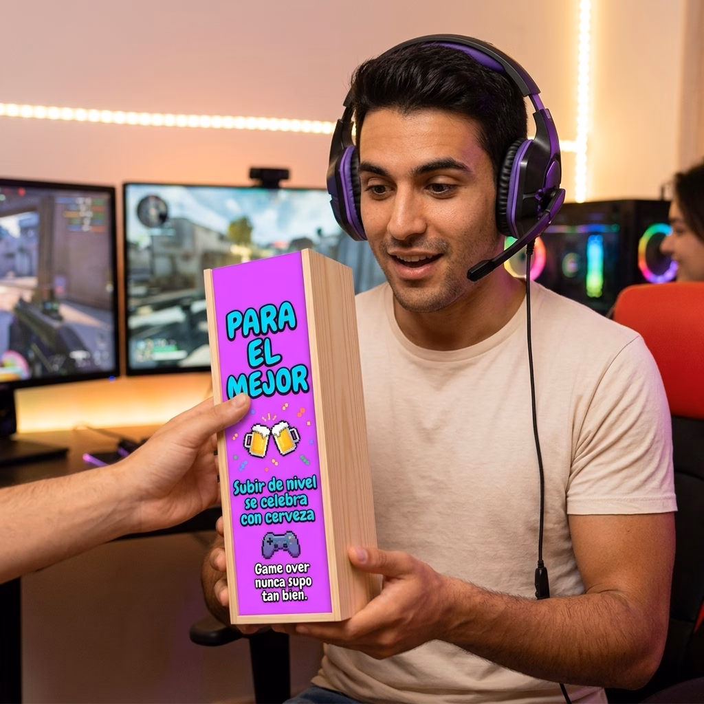 Persona recibiendo en familia su caja de cerveza XXL de regalo para gamers