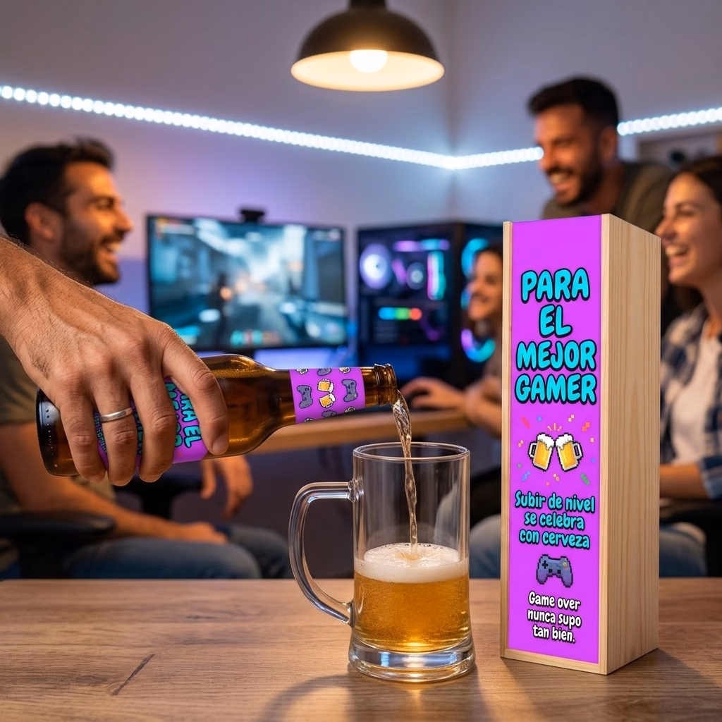 Cerveza para gamers XXL servida en jarra junto a su estuche de madera