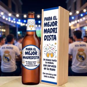 Caja de cerveza XXL regalo para madridistas en estuche de madera de pino