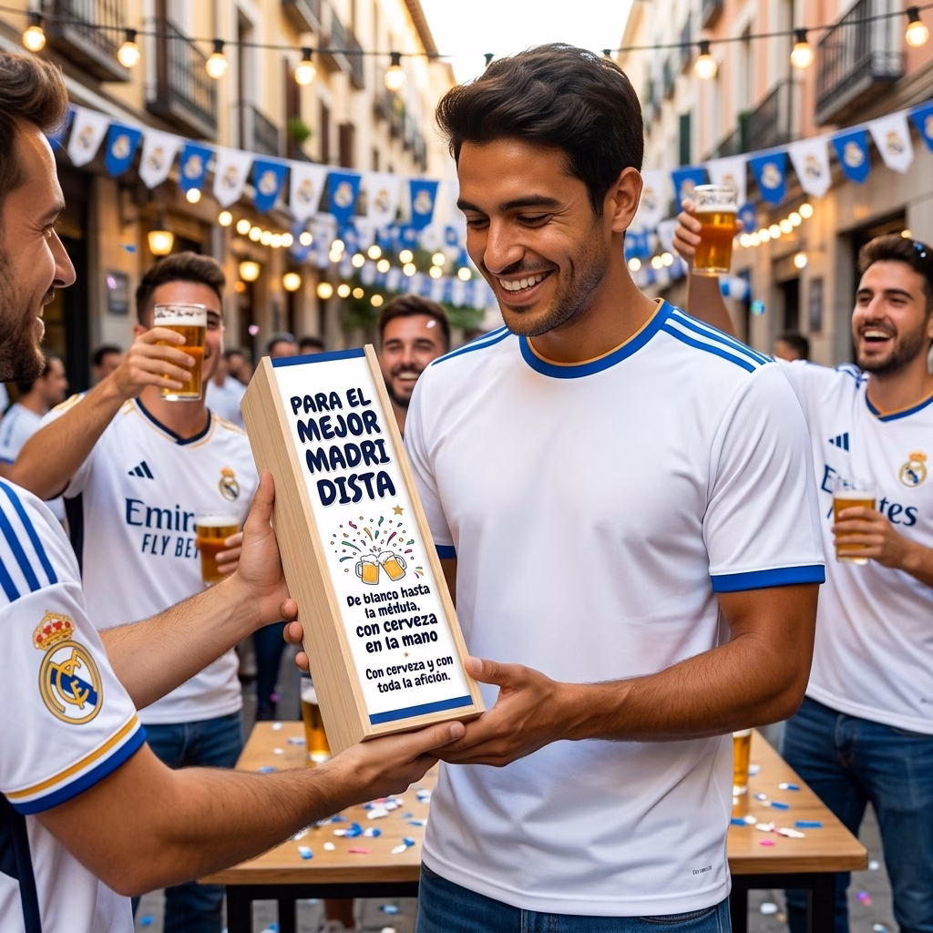 Persona recibiendo en familia su caja de cerveza XXL de regalo para madridistas