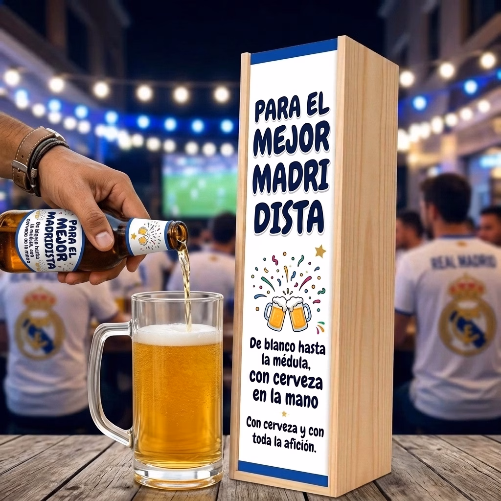 Cerveza para madridistas XXL servida en jarra junto a su estuche de madera