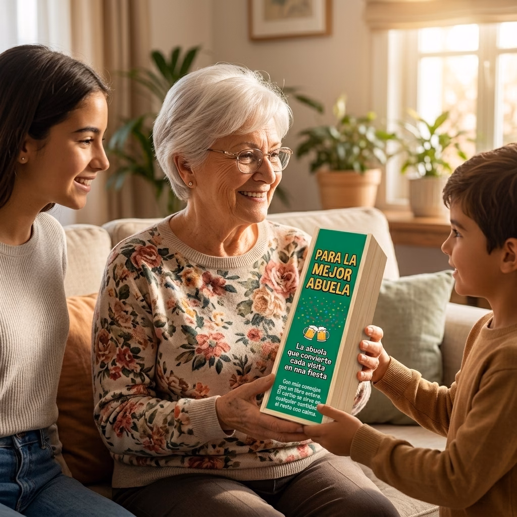 Persona recibiendo en familia su caja de cerveza XXL de regalo para abuela