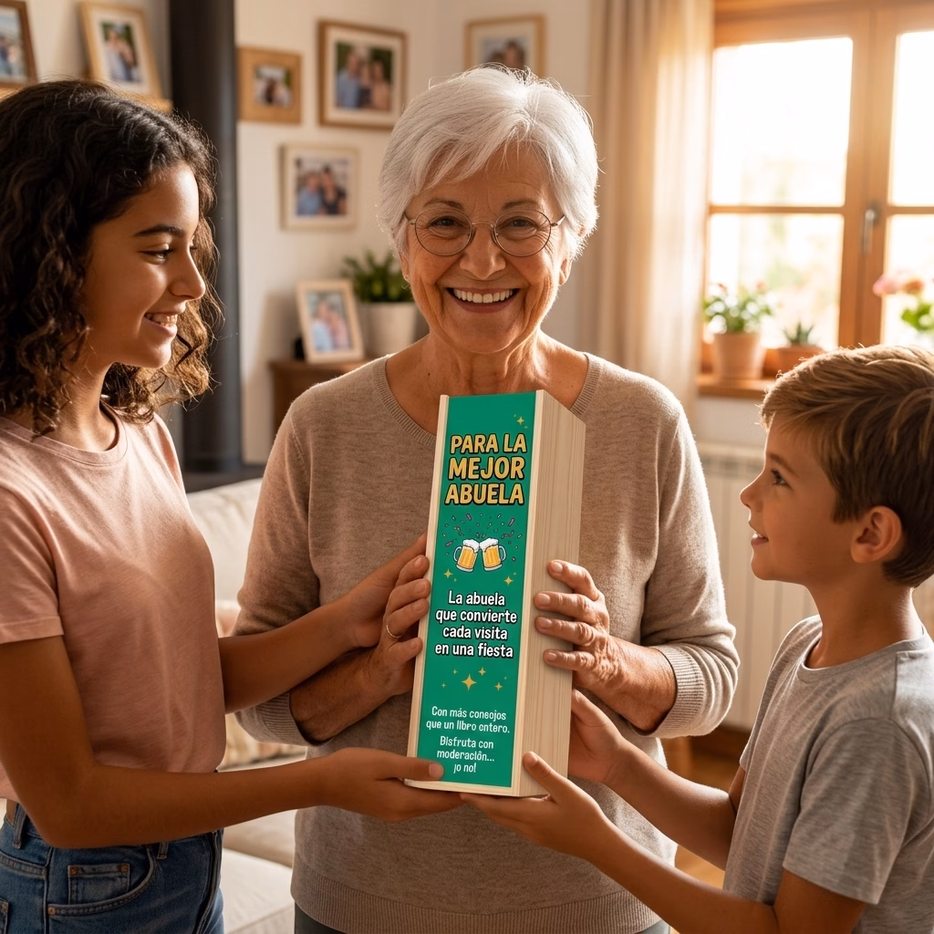 Persona recibiendo en familia su caja de cerveza XXL de regalo para abuela