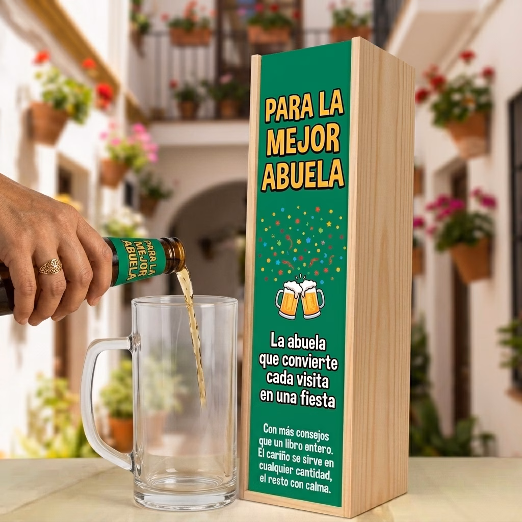 Cerveza para abuela XXL servida en jarra junto a su estuche de madera