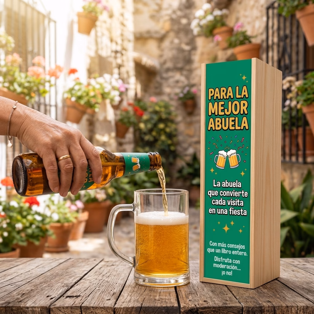 Cerveza para abuela XXL servida en jarra junto a su estuche de madera