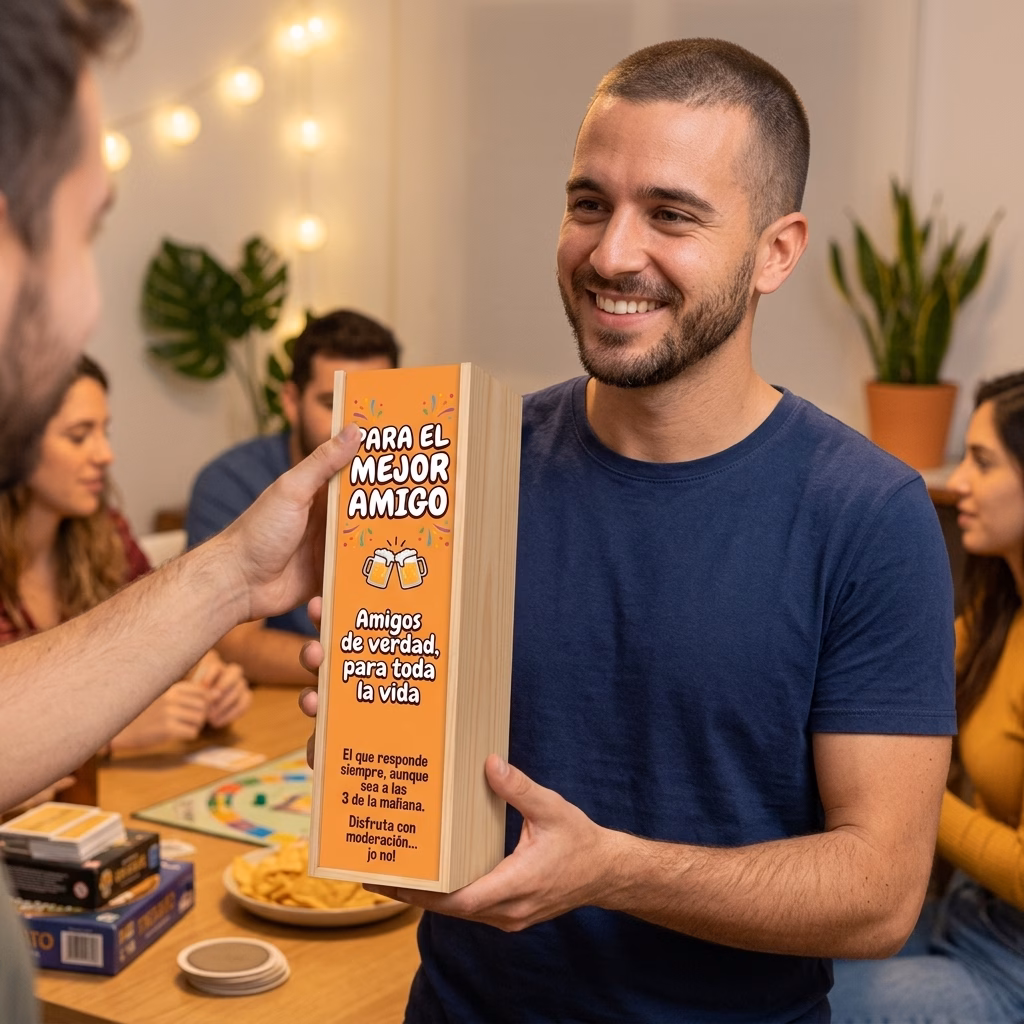 Persona recibiendo en familia su caja de cerveza XXL de regalo para amigo