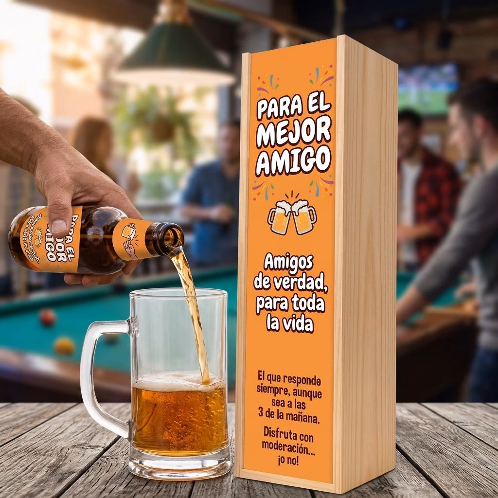 Cerveza para amigo XXL servida en jarra junto a su estuche de madera