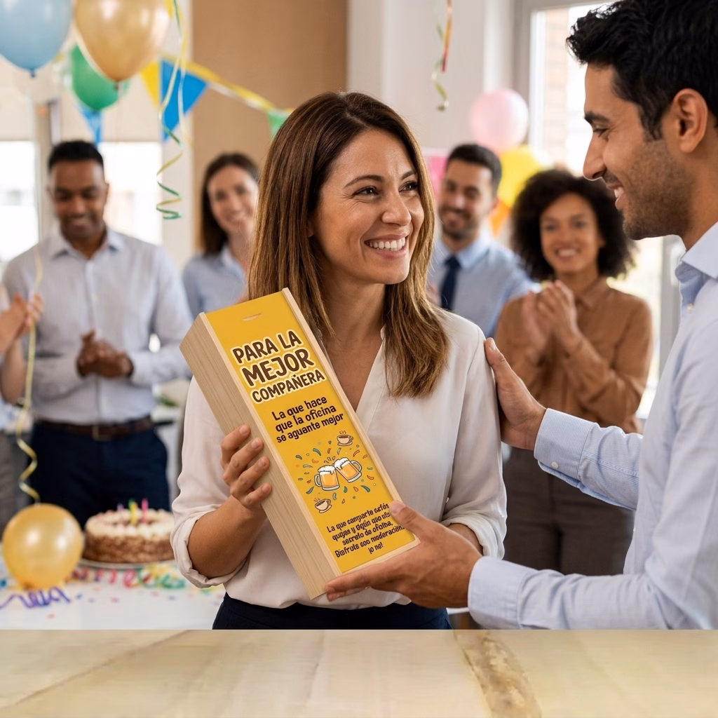 Persona recibiendo en familia su caja de cerveza XXL de regalo para compañera de trabajo