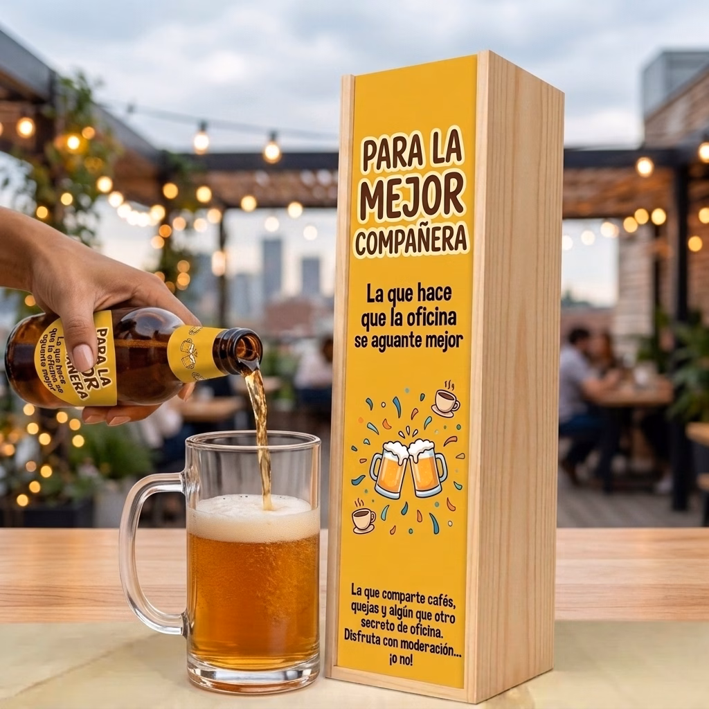 Cerveza para compañera de trabajo XXL servida en jarra junto a su estuche de madera