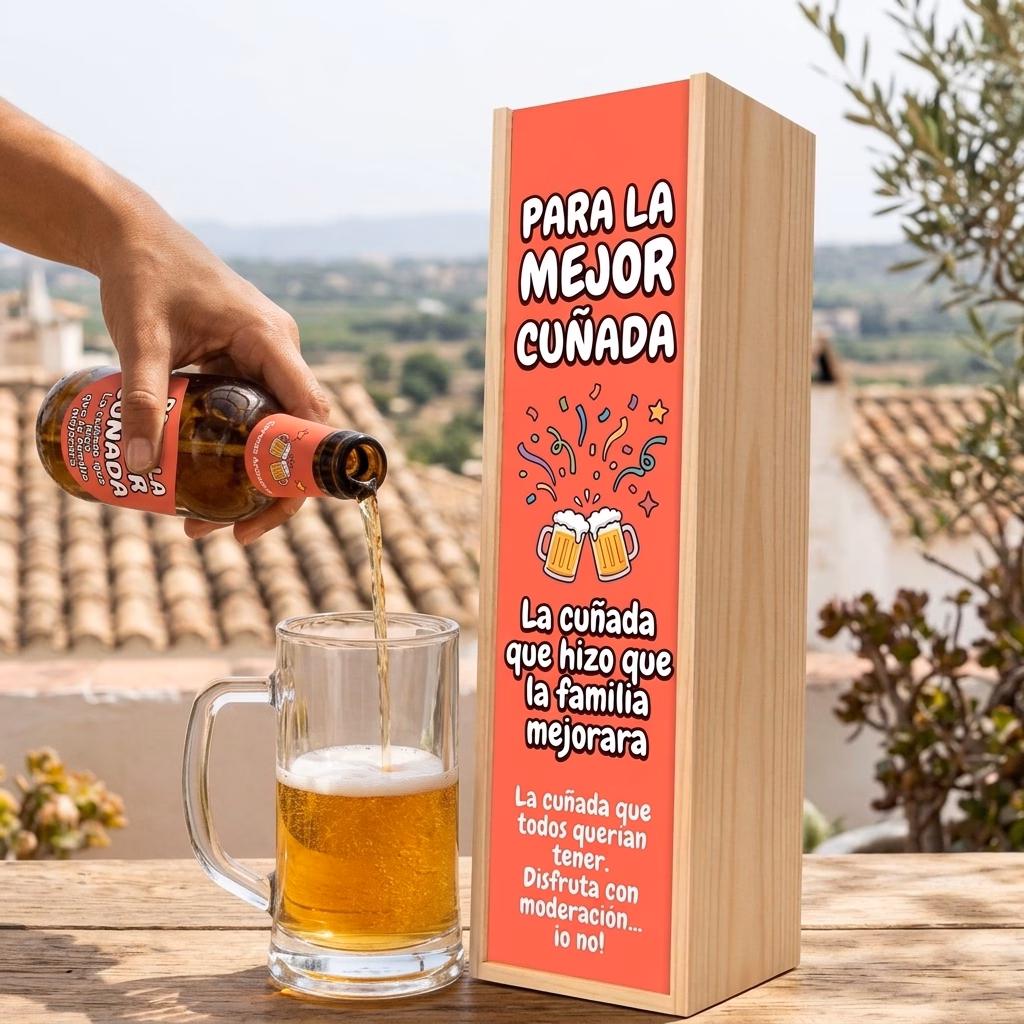 Cerveza para cuñada XXL servida en jarra junto a su estuche de madera