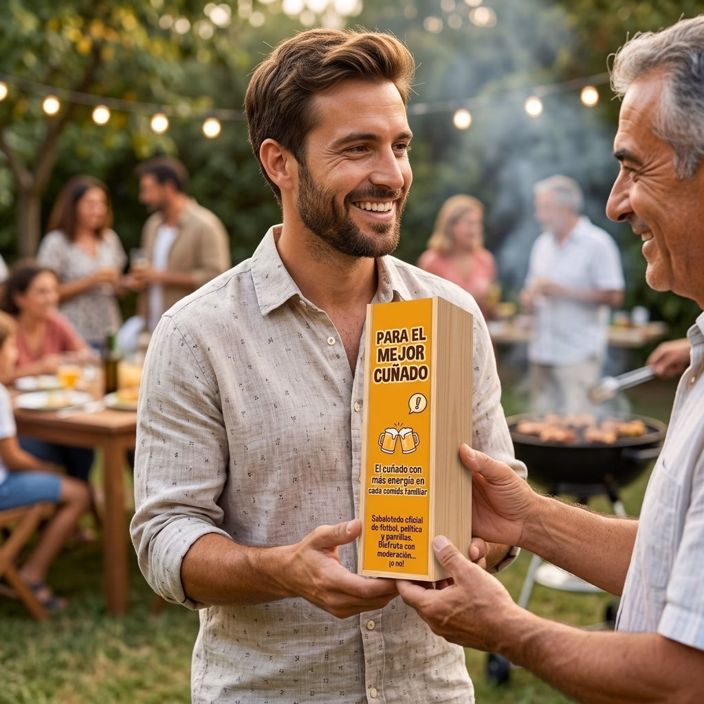 Persona recibiendo en familia su caja de cerveza XXL de regalo para cuñado