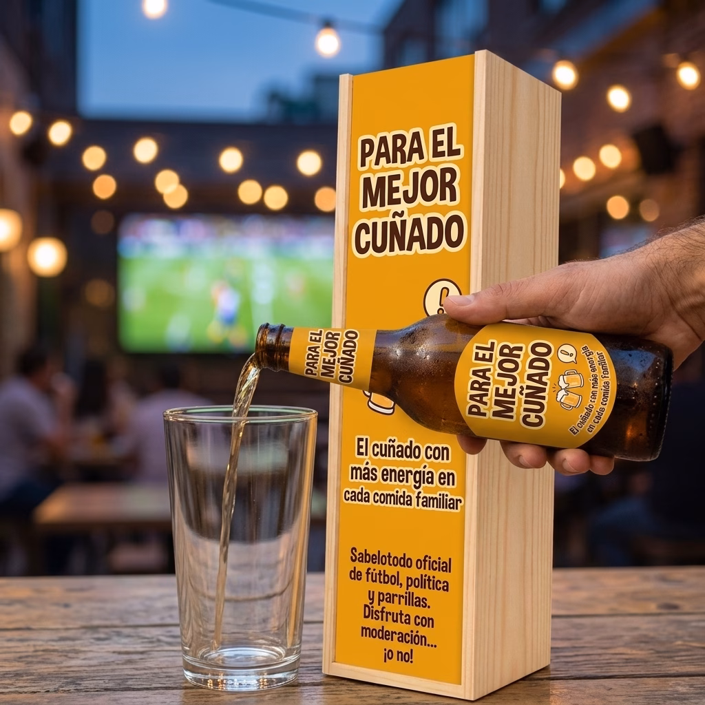 Cerveza para cuñado XXL servida en jarra junto a su estuche de madera