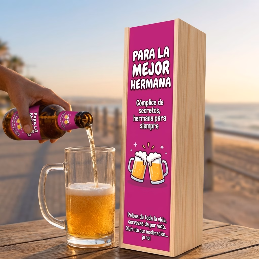 Cerveza para hermana XXL servida en jarra junto a su estuche de madera